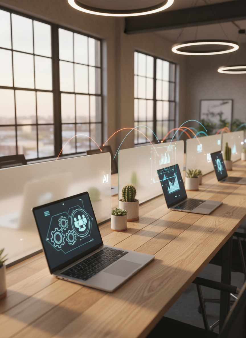A long shared desk in a contemporary co-working space, segmented into clearly defined workstations separated by slim dividers and small potted plants. Each station has a laptop or tablet displaying visual icons of automation, collaboration, and analytics, with faint, semi-transparent connecting lines arcing between devices to symbolize AI connecting global teams. Late-afternoon natural light streams through large windows, mixing with soft overhead fixtures to create a warm, balanced ambiance. Photographic realism from a low, side-on angle emphasizes depth, with the nearest workstation in sharp focus and others gradually softening into the background. The scene feels dynamic yet orderly, highlighting technology-enabled productivity for multiple small businesses sharing one smart, AI-optimized environment.