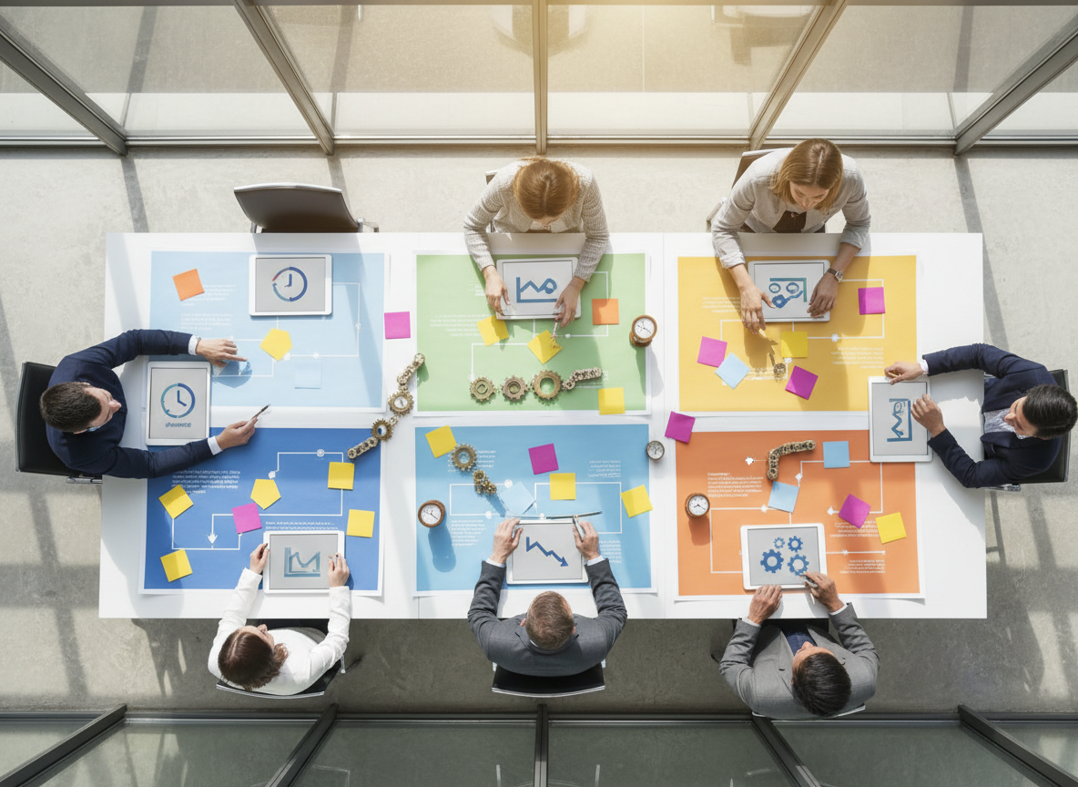 A collaborative project table in a bright, glass-walled meeting room, covered with color-coded printed diagrams, sticky-note style shapes, and tablet devices displaying non-text icons for automation, time savings, and cost reduction. Small physical objects like clocks, gears, and arrows are arranged to symbolize smoother processes. Natural midday light pours in through the windows, creating bright, motivating illumination and subtle reflections on the table’s smooth surface. Photographic realism with a wide-angle composition captures the entire tabletop from above, creating a bird’s-eye view of an organized, technology-empowered planning session, conveying clarity, alignment, and smarter ways of working for diverse small businesses.