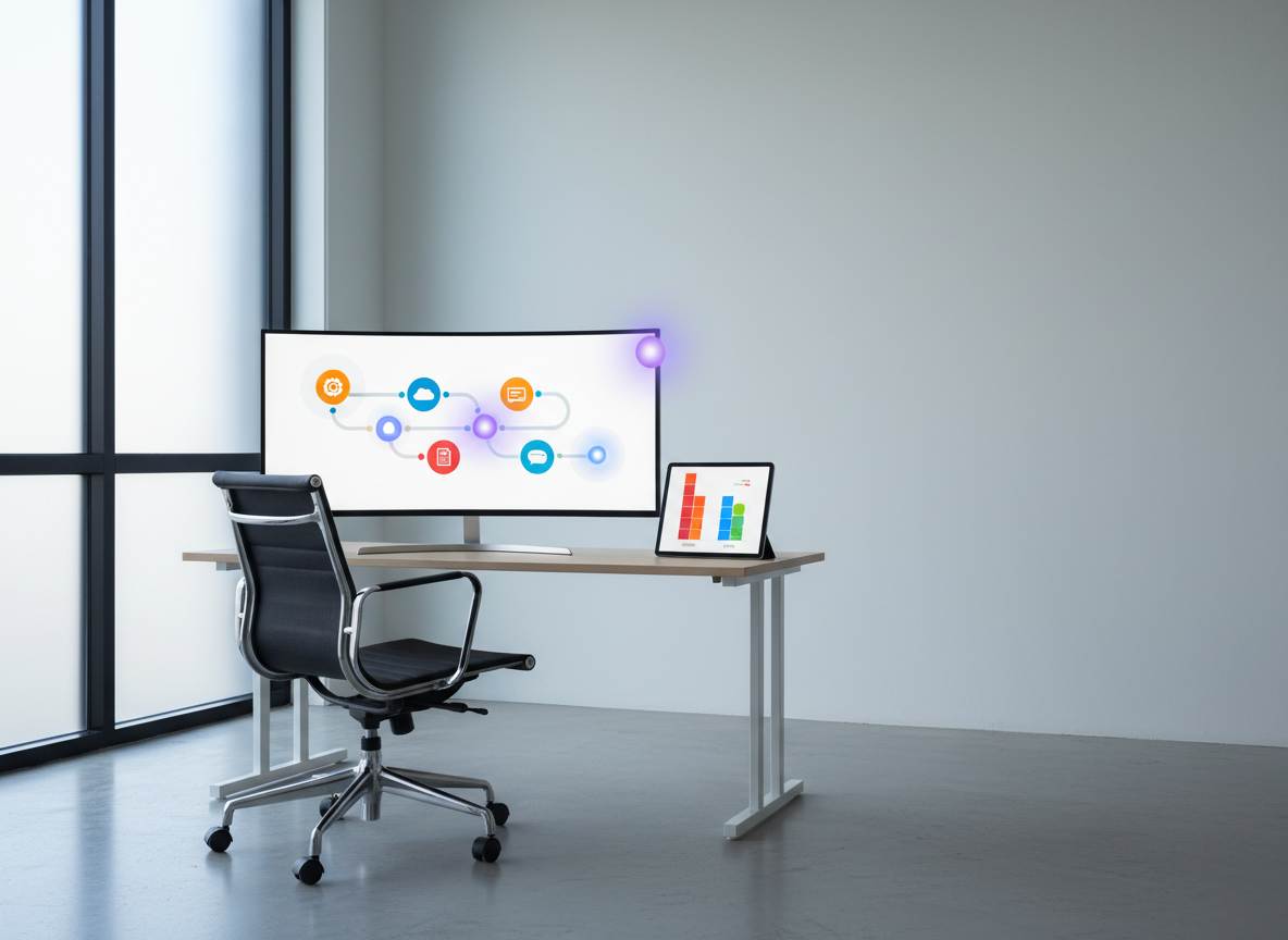 A minimalist office corner featuring a single ergonomic chair facing a large, ultra-thin monitor that displays a clean, colorful pipeline of tasks represented by icons moving smoothly along a path, guided by soft glowing AI nodes. Nearby, a tablet shows a simplified before-and-after chart made of shapes, illustrating time saved without any words. Cool, even studio lighting mixes with faint window daylight, producing a balanced, neutral tone with crisp edges and subtle shadows. The photographic composition uses the rule of thirds, with the monitor slightly off-center and negative space emphasizing focus and clarity. The overall mood is calm, controlled, and reassuring, highlighting how AI consulting reduces complexity for business workflows.