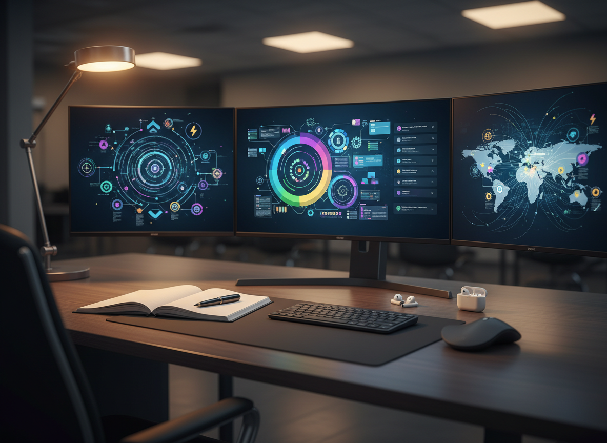 An organized command-center style desk with multiple curved screens displaying abstract, colorful dashboards and timeline flows, all icon-based with no readable text. A notebook, pen, and wireless earbuds rest beside a compact keyboard, hinting at thoughtful planning and focused deep work. Warm, indirect office lighting from above and a desk lamp to the side create a cozy yet professional glow, casting soft shadows across the woodgrain desktop. Shot from a slightly elevated angle with shallow depth of field, the foreground screen edges blur while the central display remains crisp. The photographic image feels efficient, structured, and optimized for showing AI-driven workflow improvements for global teams.