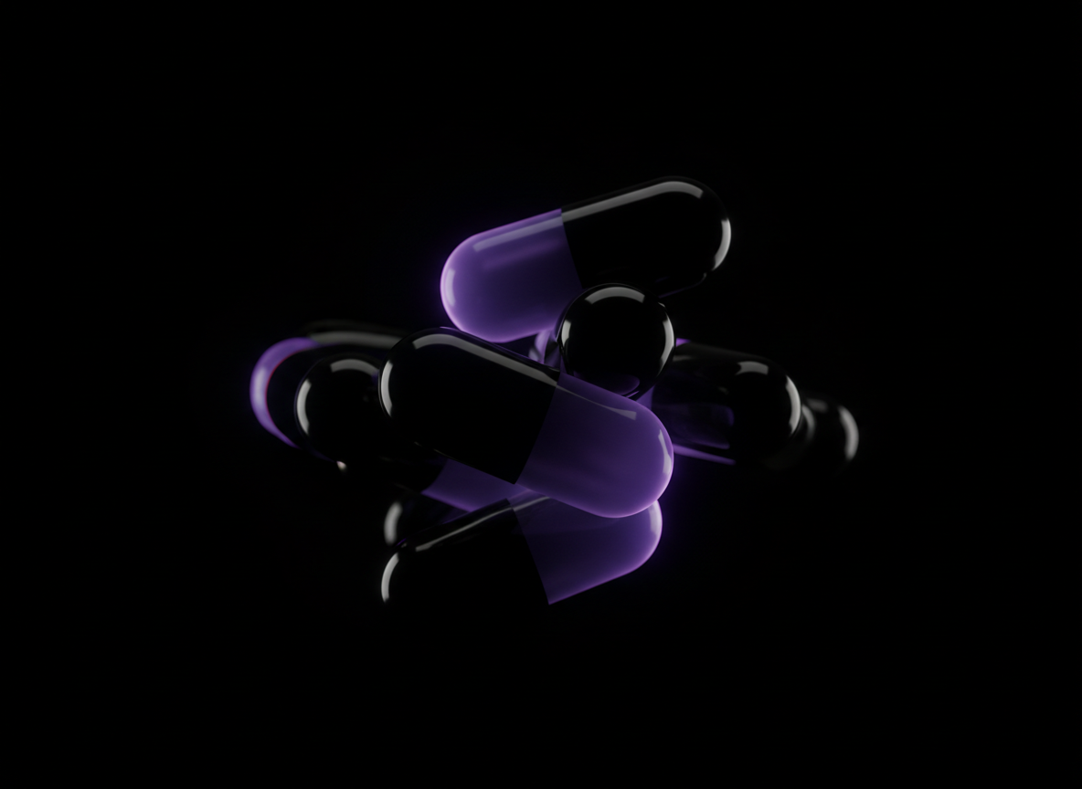Abstract dark 3D render of floating glossy black capsule and pill shapes suspended in deep black space, subtle violet purple rim lighting and soft glowing gradients, minimal premium tech aesthetic, deep shadows, cinematic depth of field, pure black background, high contrast, luxurious futuristic mood